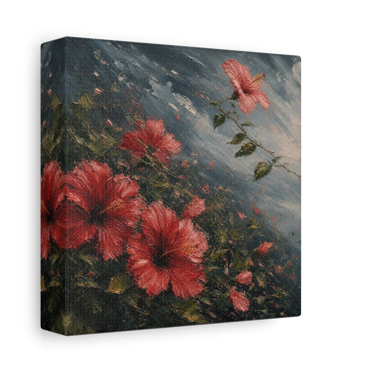 Side Mockup 2. Storm-Swept Hibiscus Blooms shown as canvas print
