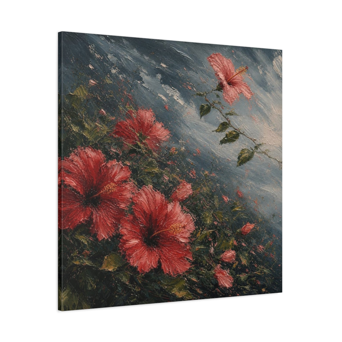 Side Mockup 1. Storm-Swept Hibiscus Blooms shown as canvas print