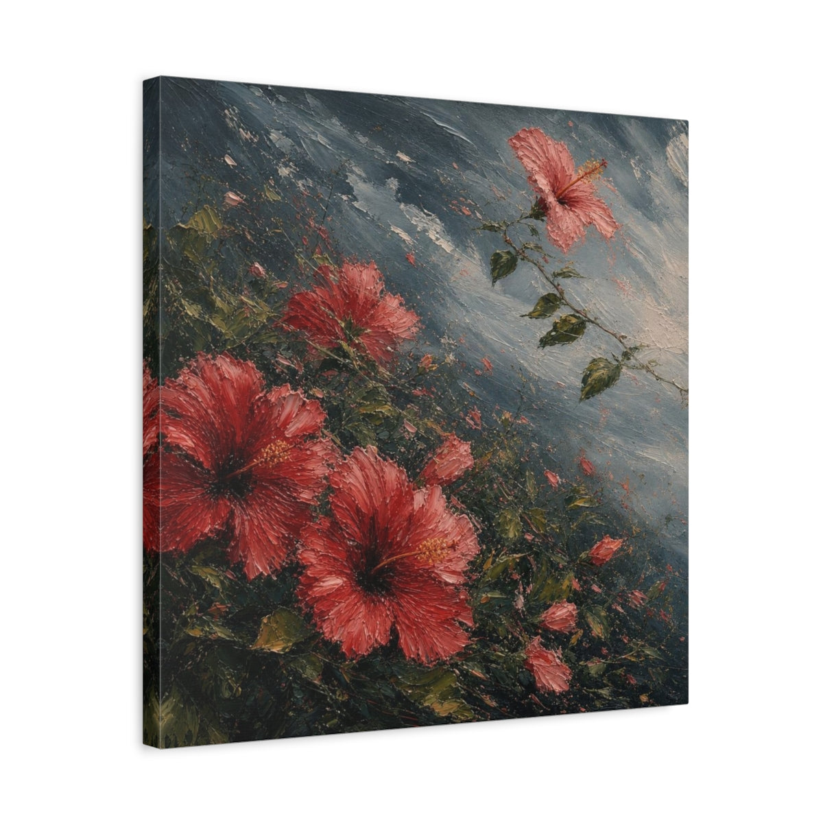 Side Mockup 5. Storm-Swept Hibiscus Blooms shown as canvas print