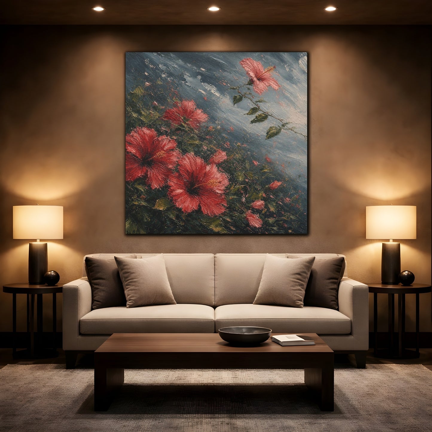 Mockup 2. Storm-Swept Hibiscus Blooms shown as canvas print
