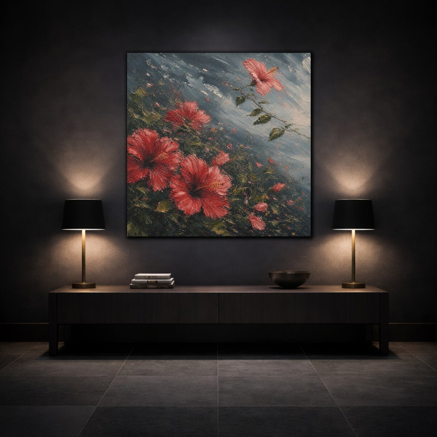 Mockup 3. Storm-Swept Hibiscus Blooms shown as canvas print