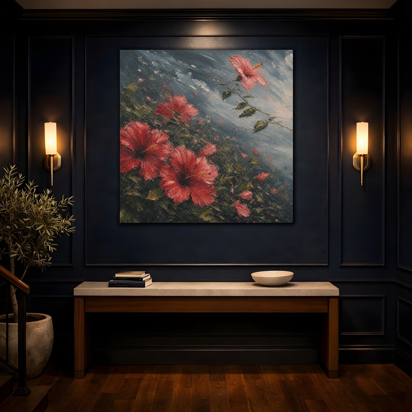 Mockup 4. Storm-Swept Hibiscus Blooms shown as canvas print