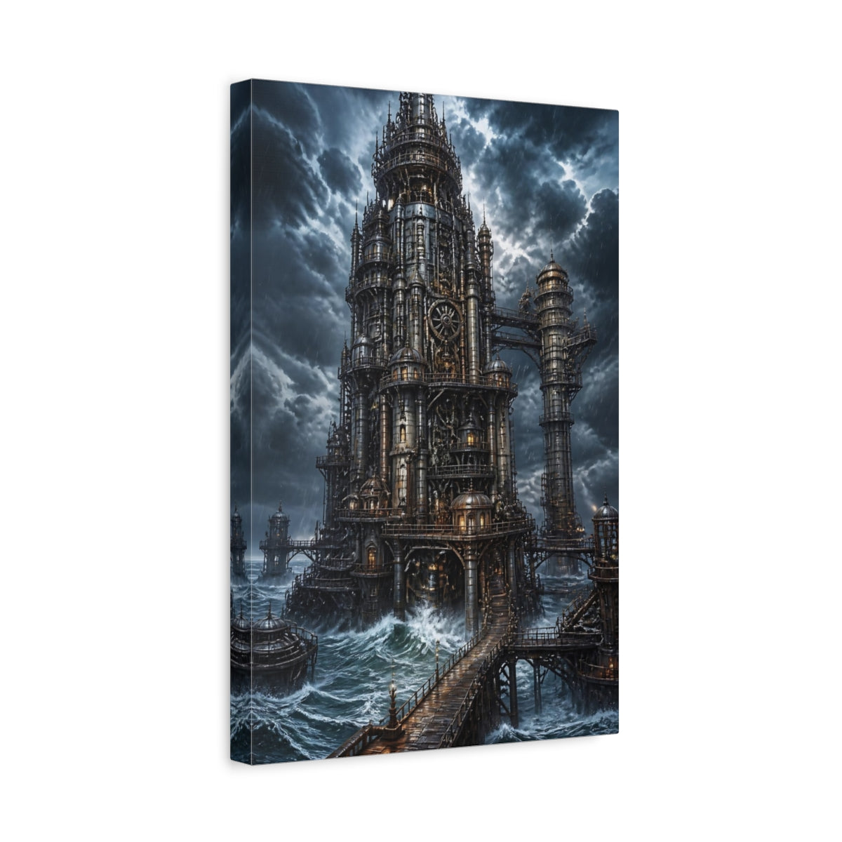 Side Mockup 4. Stormbound Steampunk Tower shown as canvas print