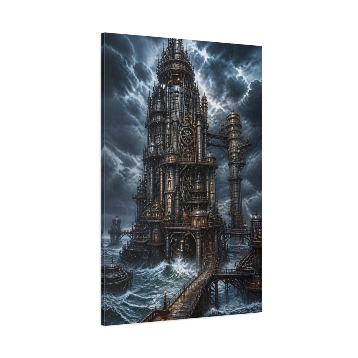Side Mockup 1. Stormbound Steampunk Tower shown as canvas print