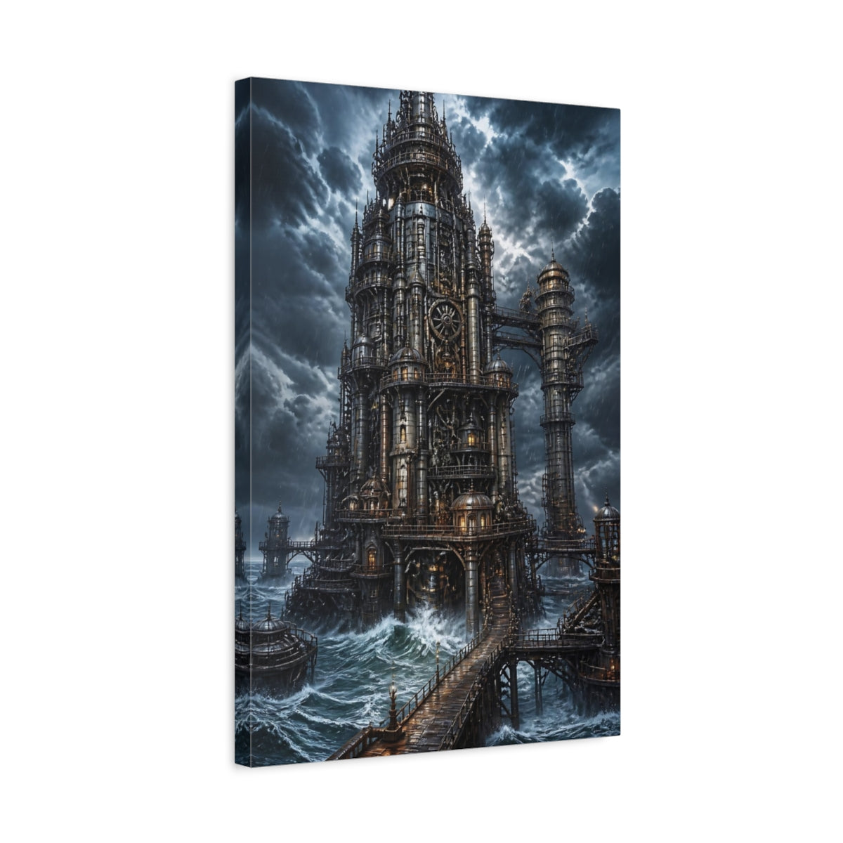 Side Mockup 3. Stormbound Steampunk Tower shown as canvas print