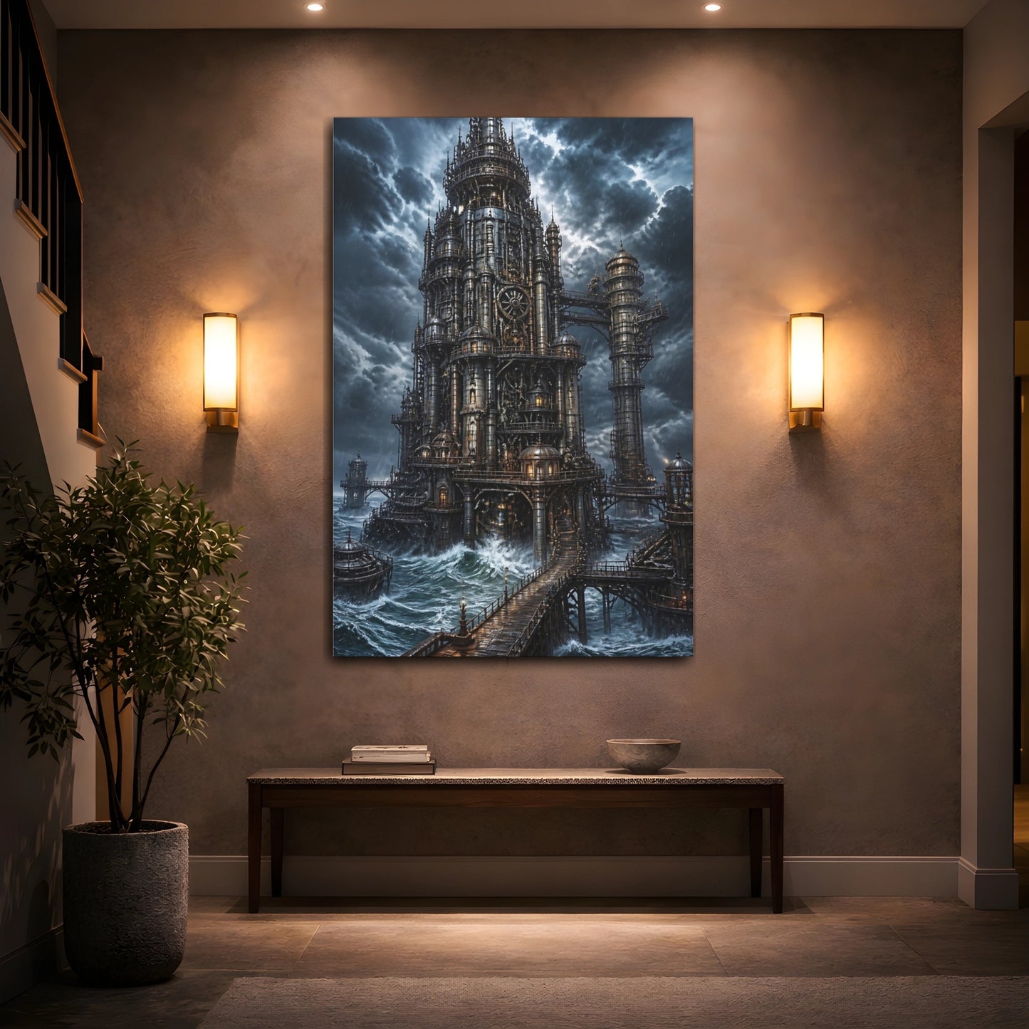 Mockup 2. Stormbound Steampunk Tower shown as canvas print