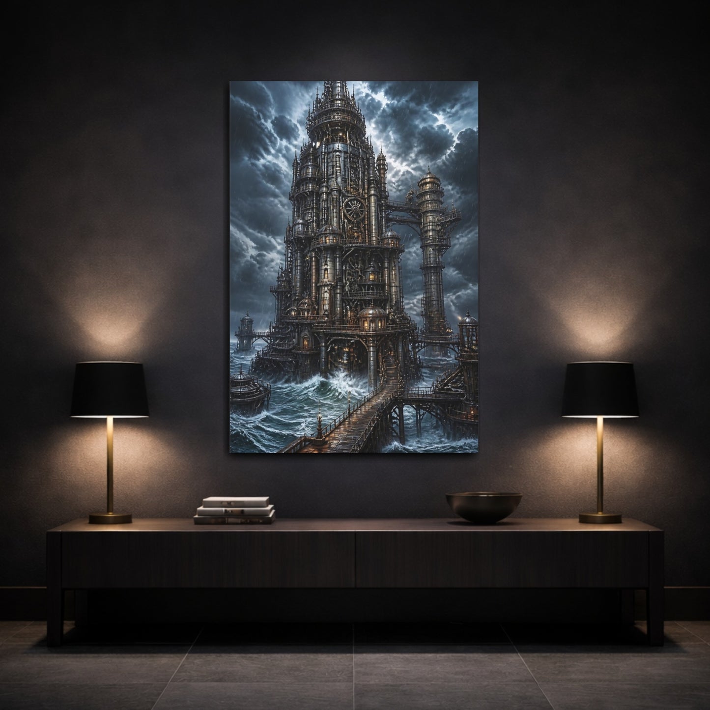 Mockup 3. Stormbound Steampunk Tower shown as canvas print