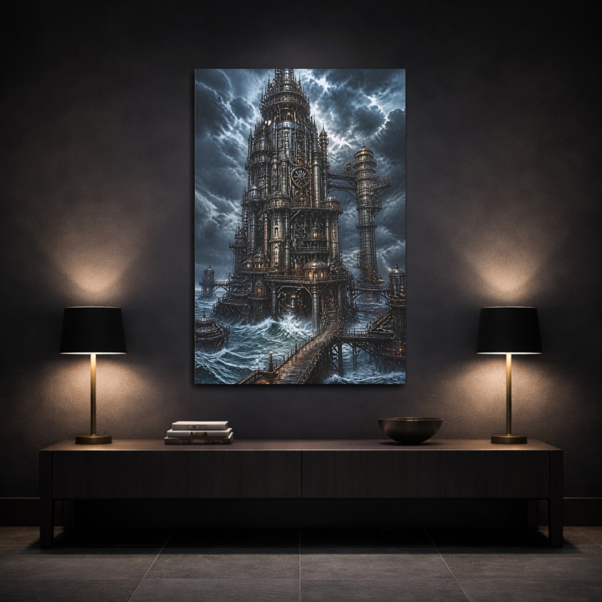 Mockup 3. Stormbound Steampunk Tower shown as canvas print