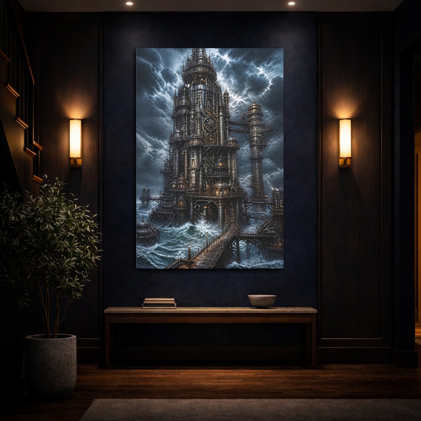 Mockup 4. Stormbound Steampunk Tower shown as canvas print