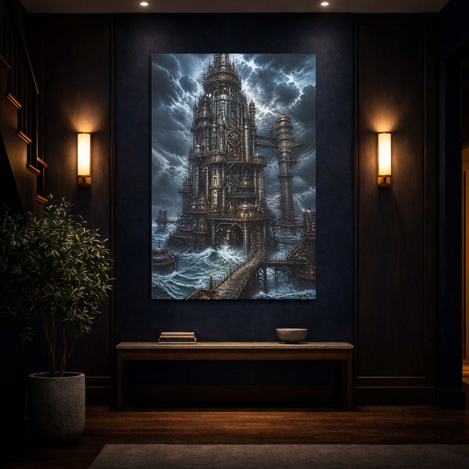 Mockup 4. Stormbound Steampunk Tower shown as canvas print