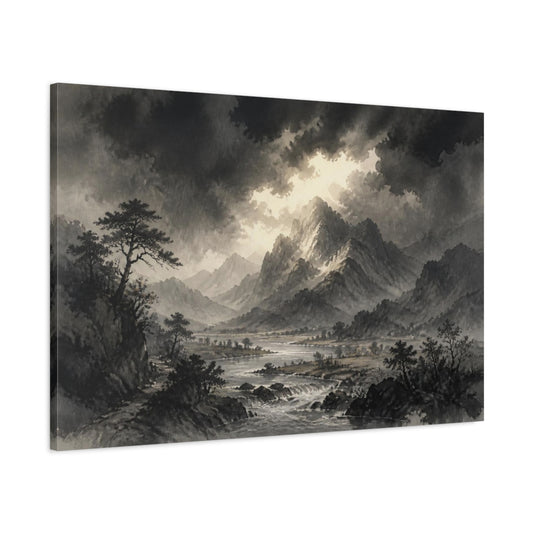 Main Mockup. Stormlit Mountain Valley shown as canvas print