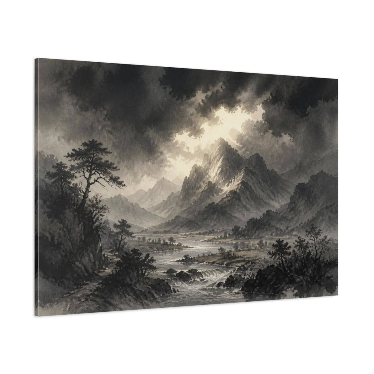 Side Mockup 1. Stormlit Mountain Valley shown as canvas print