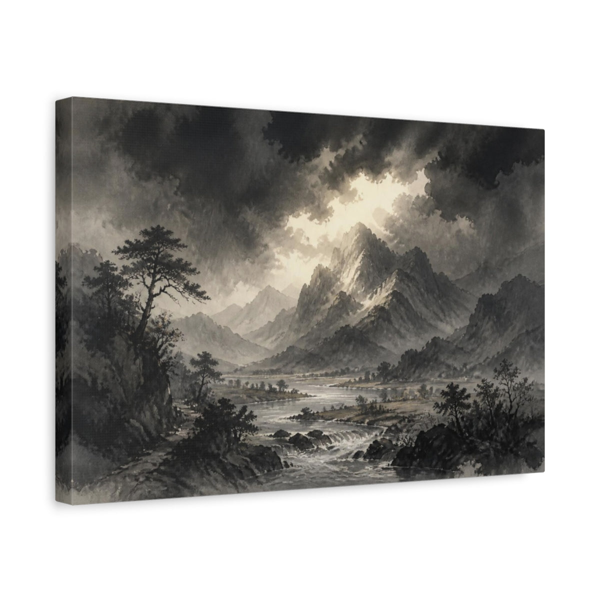 Side Mockup 4. Stormlit Mountain Valley shown as canvas print