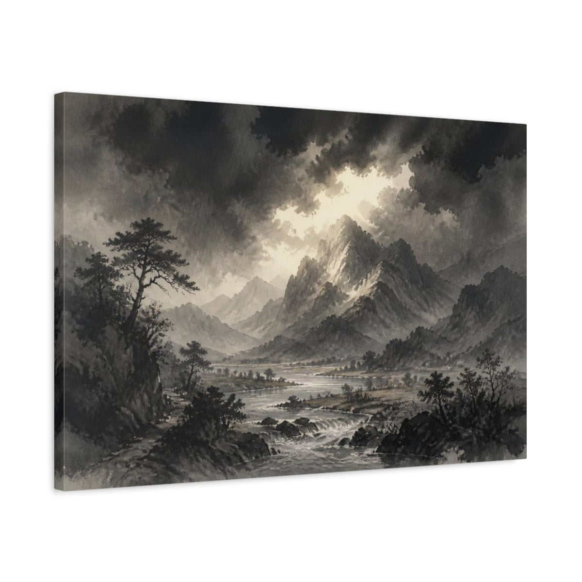 Side Mockup 2. Stormlit Mountain Valley shown as canvas print
