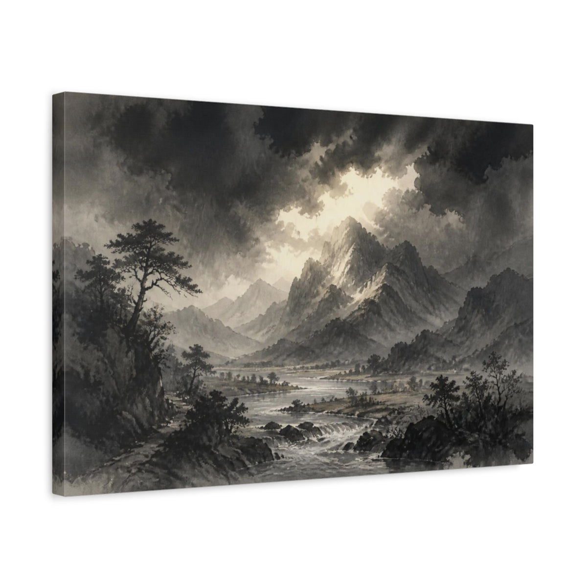 Side Mockup 3. Stormlit Mountain Valley shown as canvas print