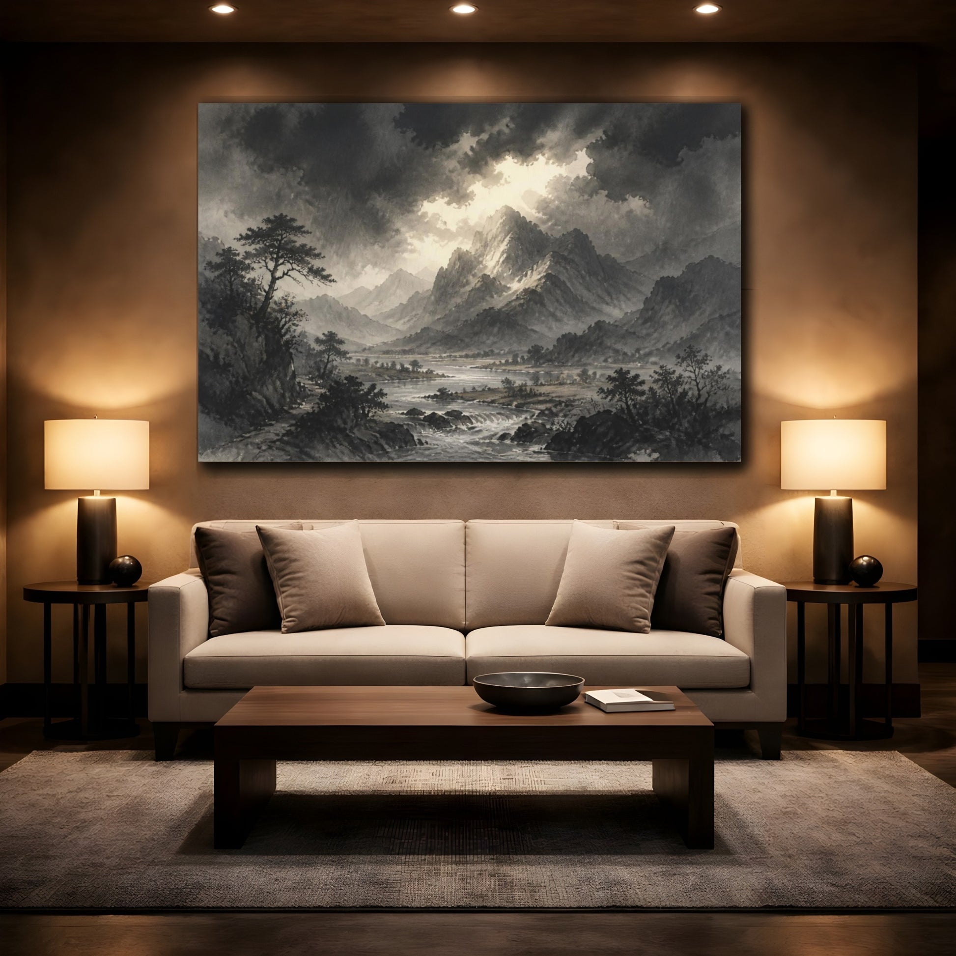 Mockup 2. Stormlit Mountain Valley shown as canvas print