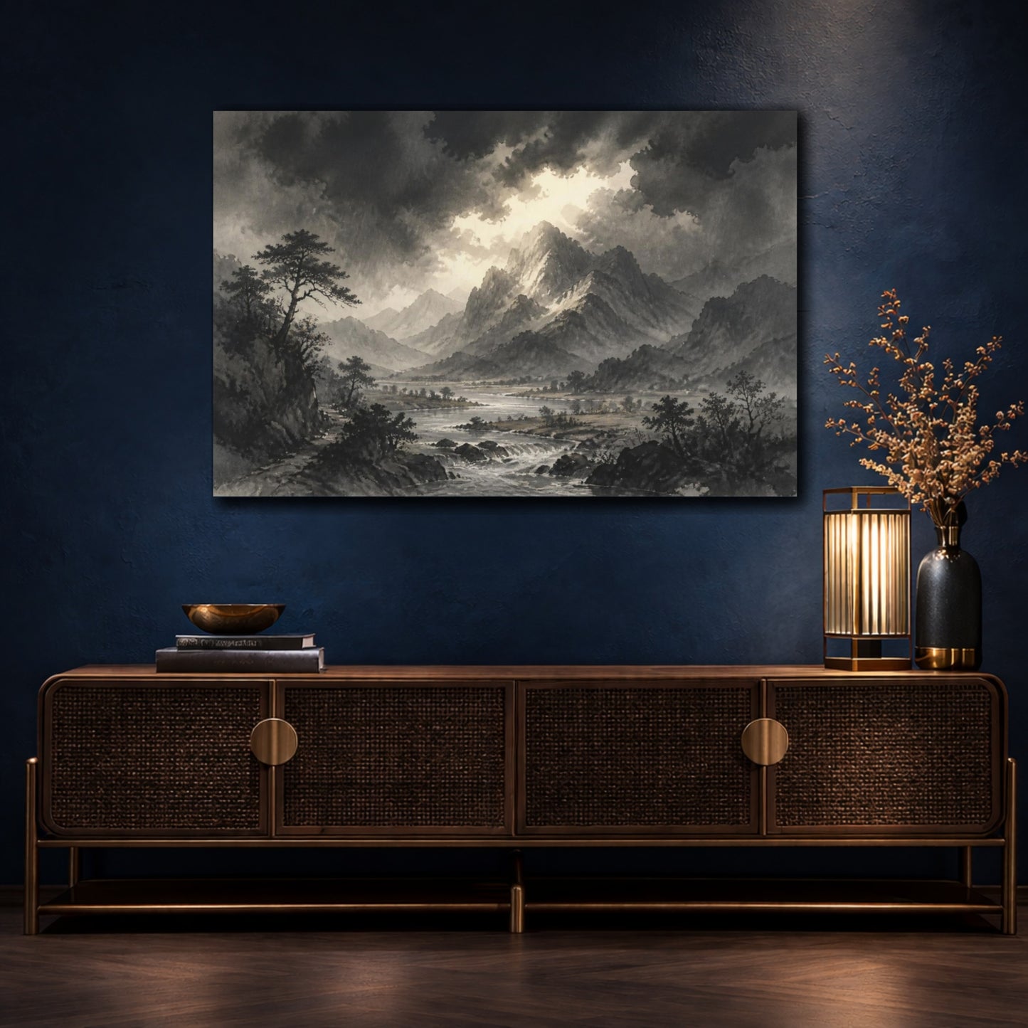 Mockup 4. Stormlit Mountain Valley shown as canvas print