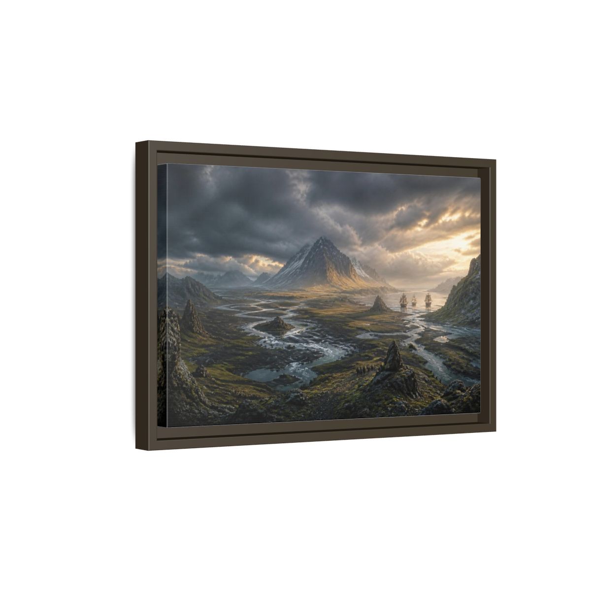 Side Mockup 5. Stormlit Mountain With Ships shown as framed canvas print