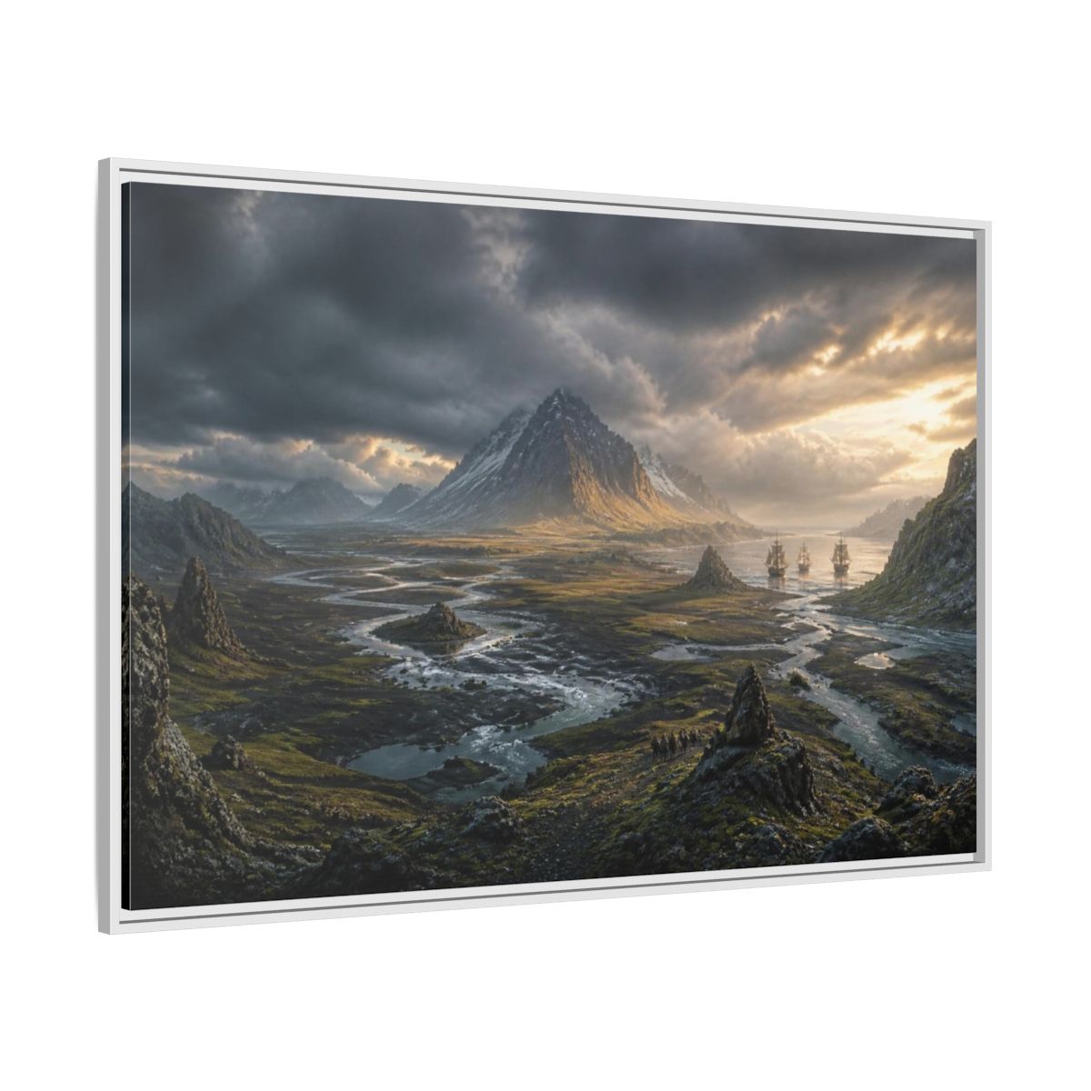 Side Mockup 7. Stormlit Mountain With Ships shown as framed canvas print