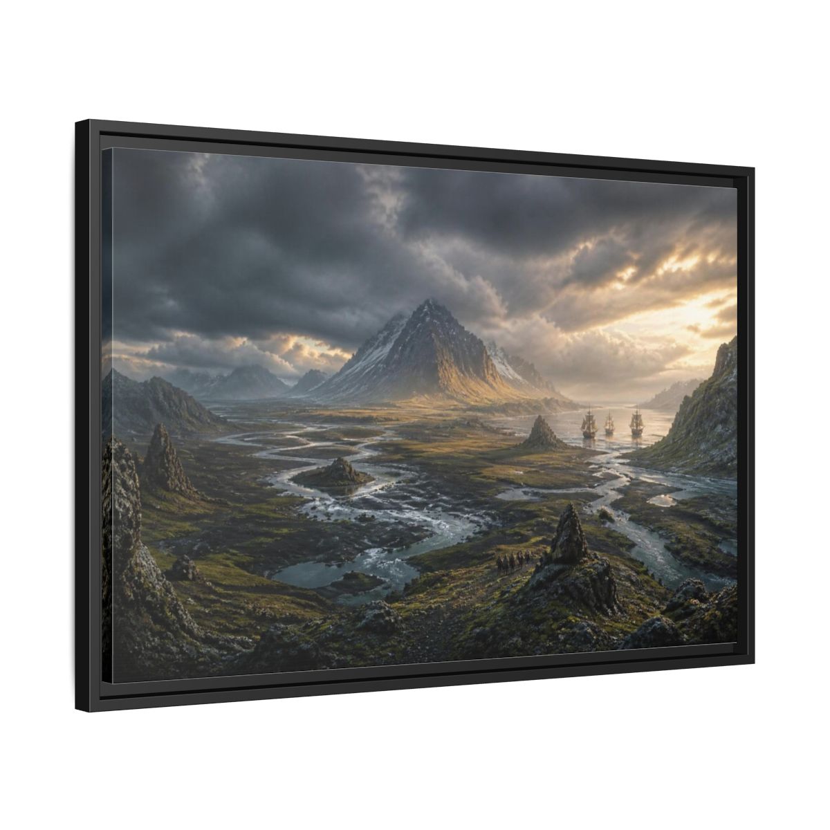 Side Mockup 14. Stormlit Mountain With Ships shown as framed canvas print
