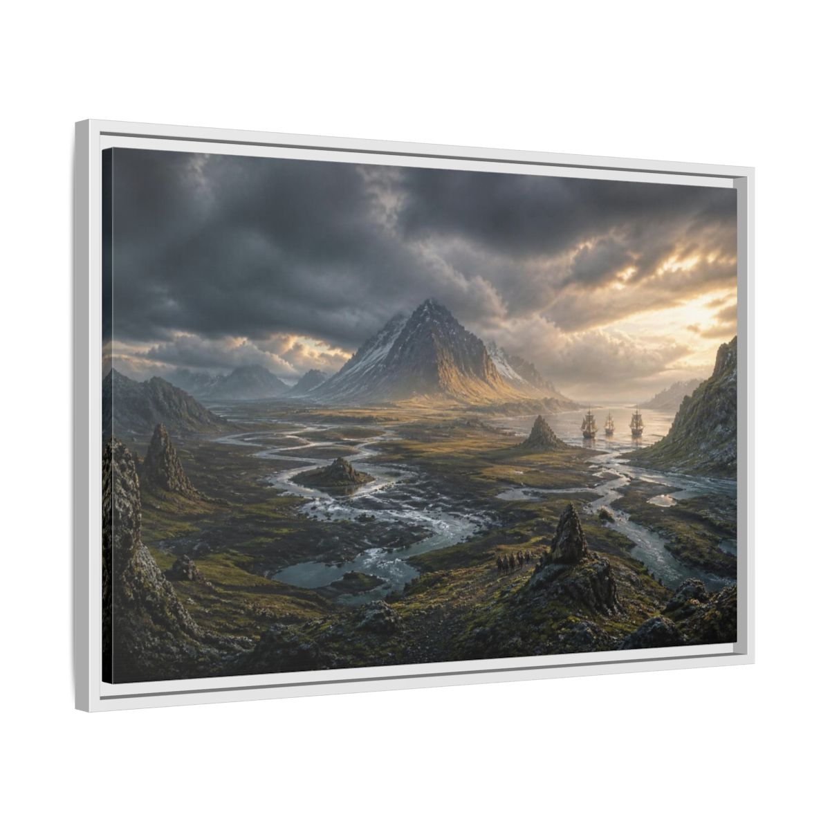 Side Mockup 10. Stormlit Mountain With Ships shown as framed canvas print