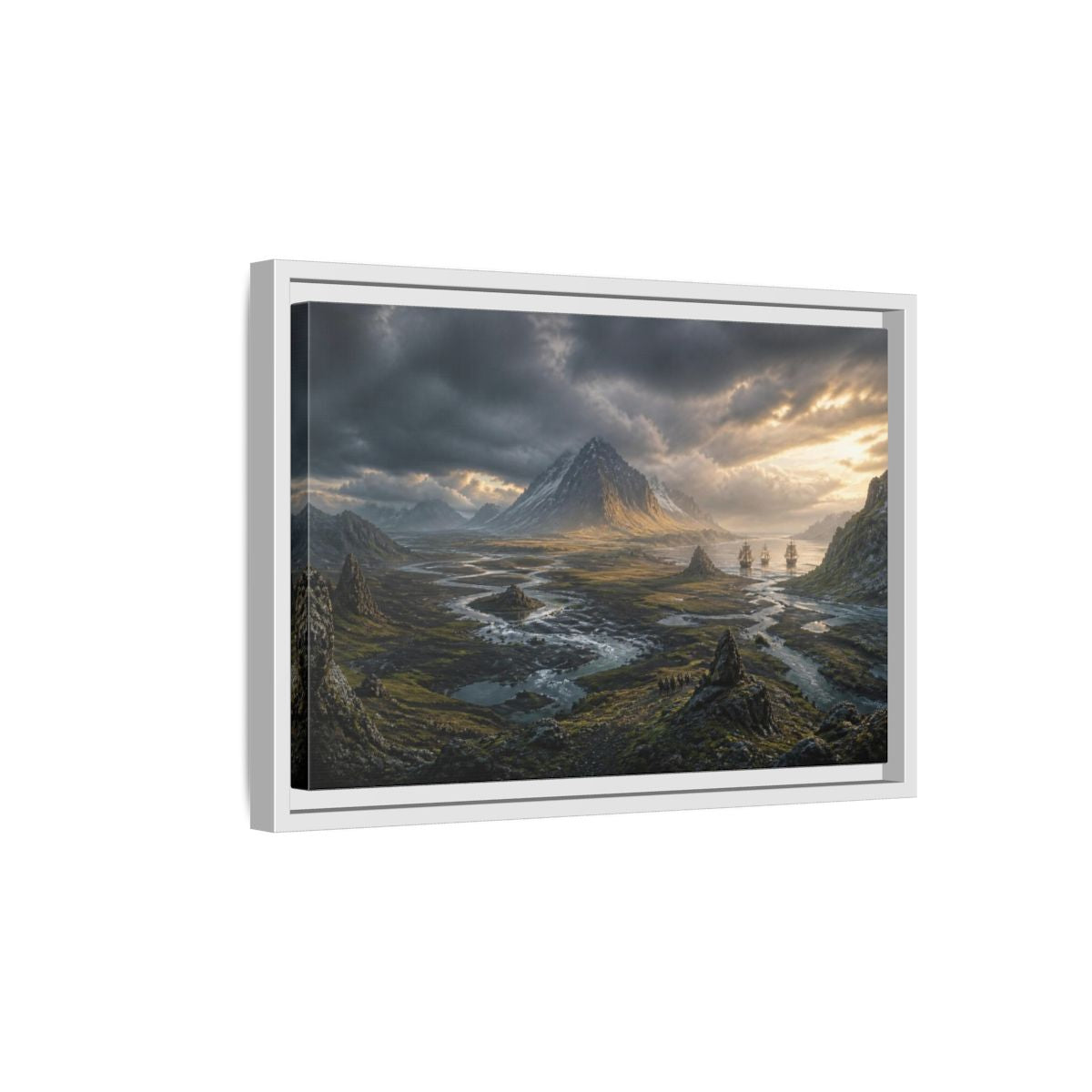 Side Mockup 4. Stormlit Mountain With Ships shown as framed canvas print