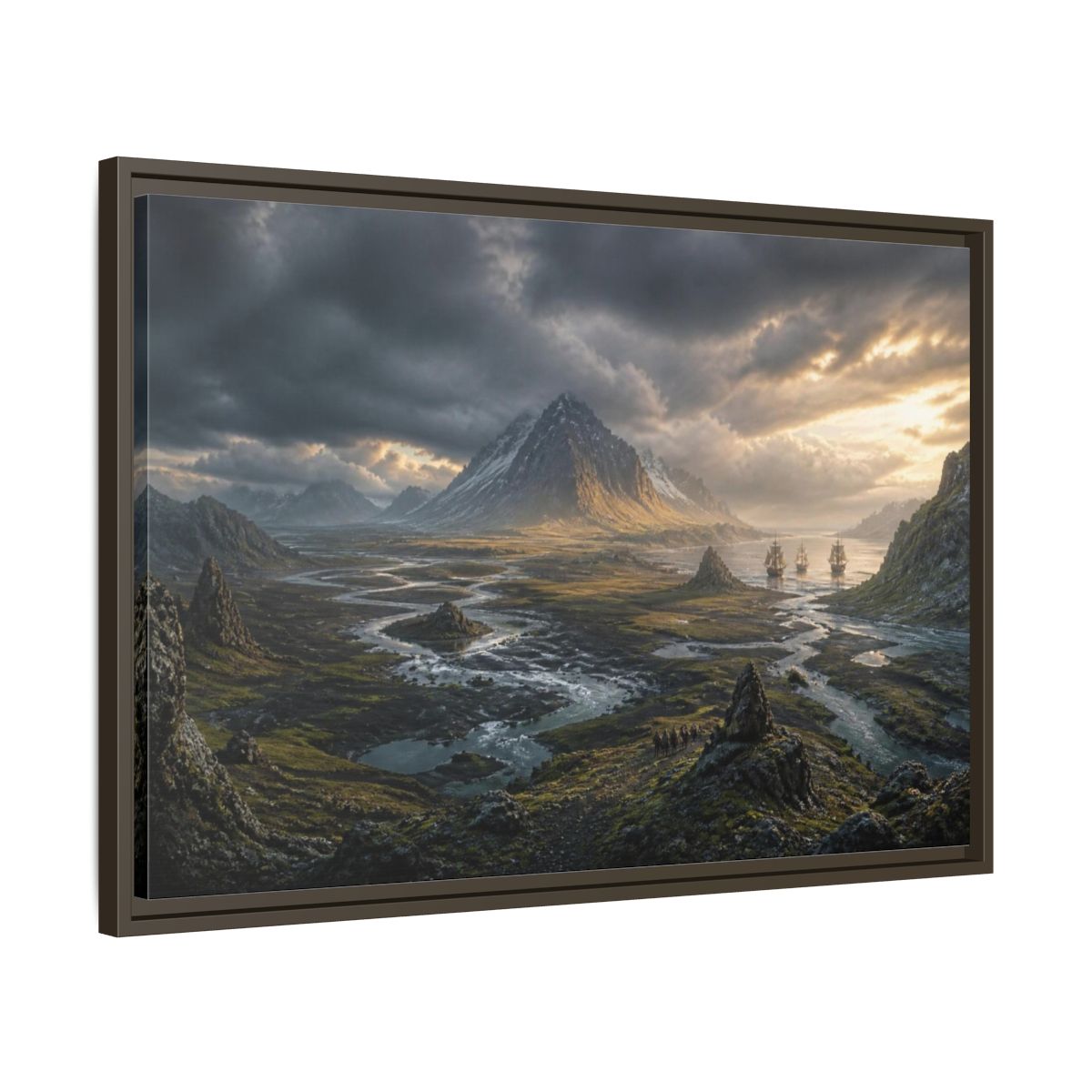 Side Mockup 11. Stormlit Mountain With Ships shown as framed canvas print