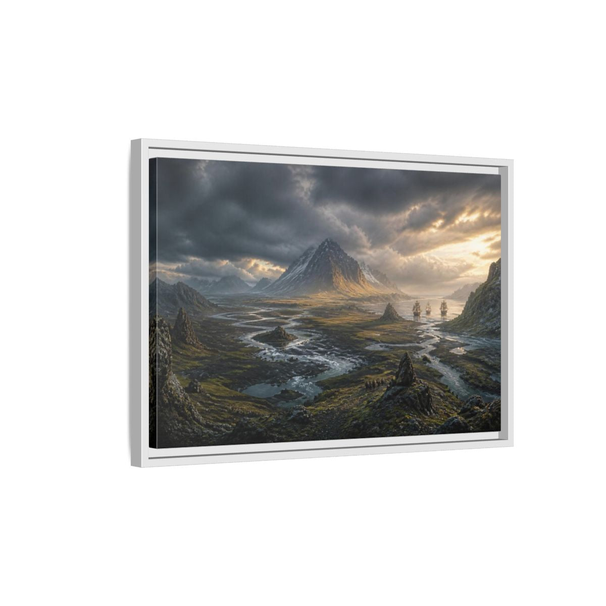 Side Mockup 1. Stormlit Mountain With Ships shown as framed canvas print