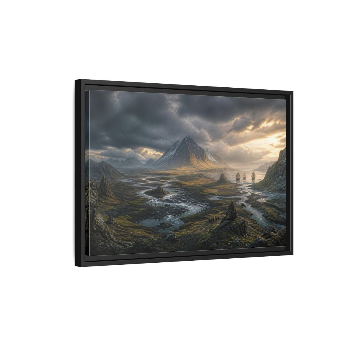 Side Mockup 3. Stormlit Mountain With Ships shown as framed canvas print
