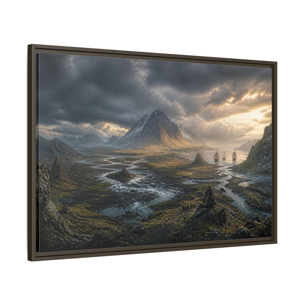 Main Mockup. Stormlit Mountain With Ships shown as framed canvas print