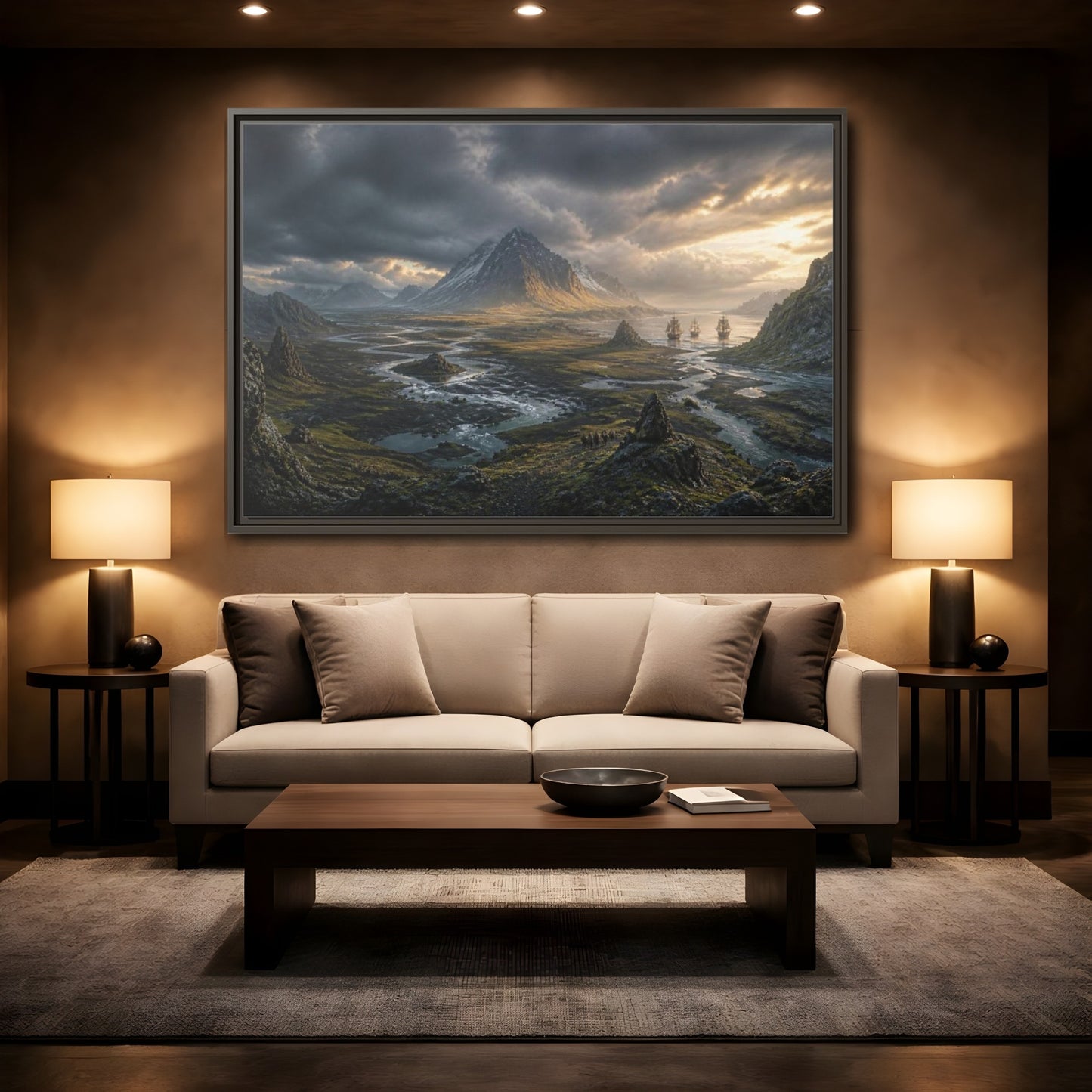 Mockup 2. Stormlit Mountain With Ships shown as framed canvas print