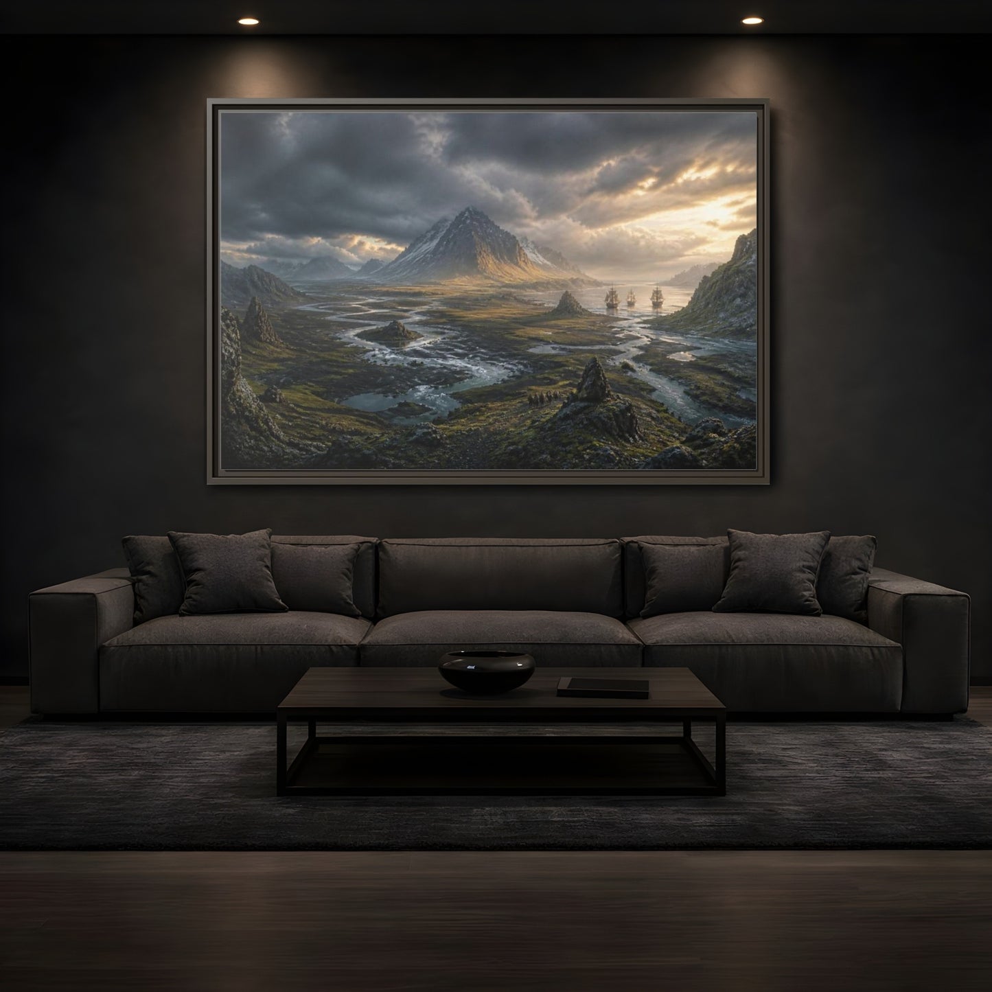 Mockup 3. Stormlit Mountain With Ships shown as framed canvas print