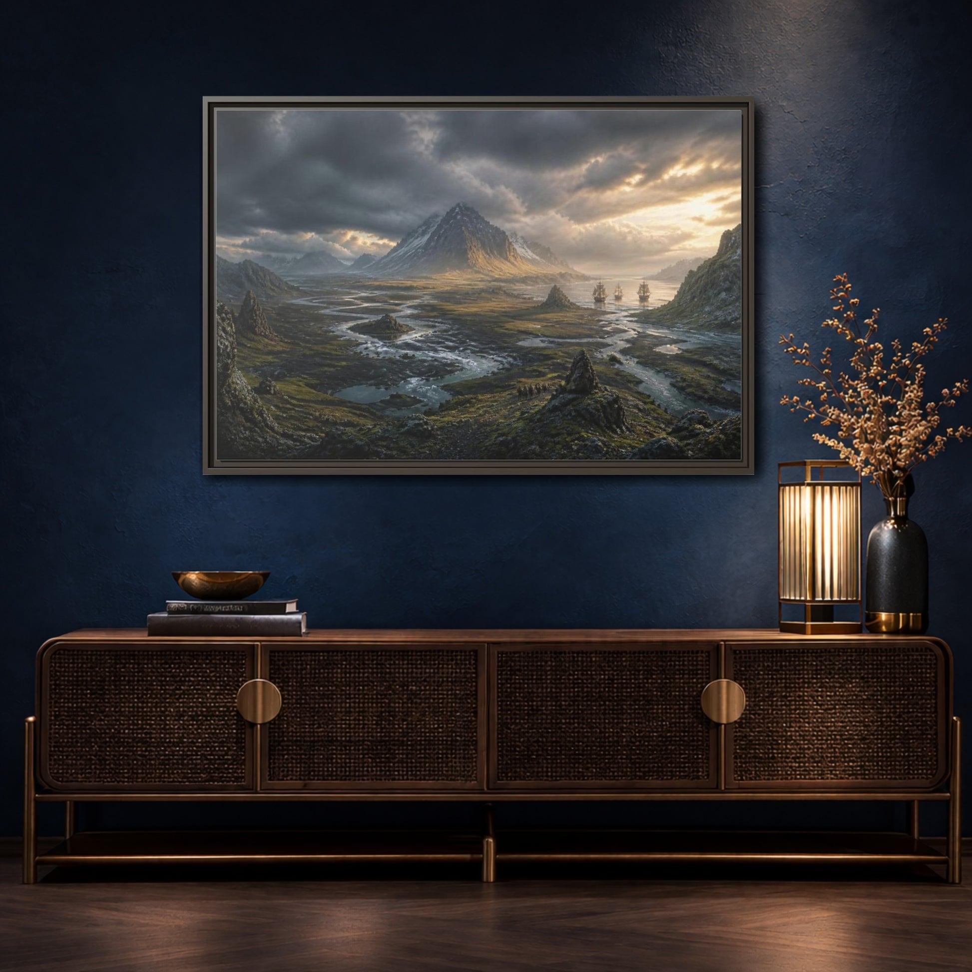 Mockup 4. Stormlit Mountain With Ships shown as framed canvas print