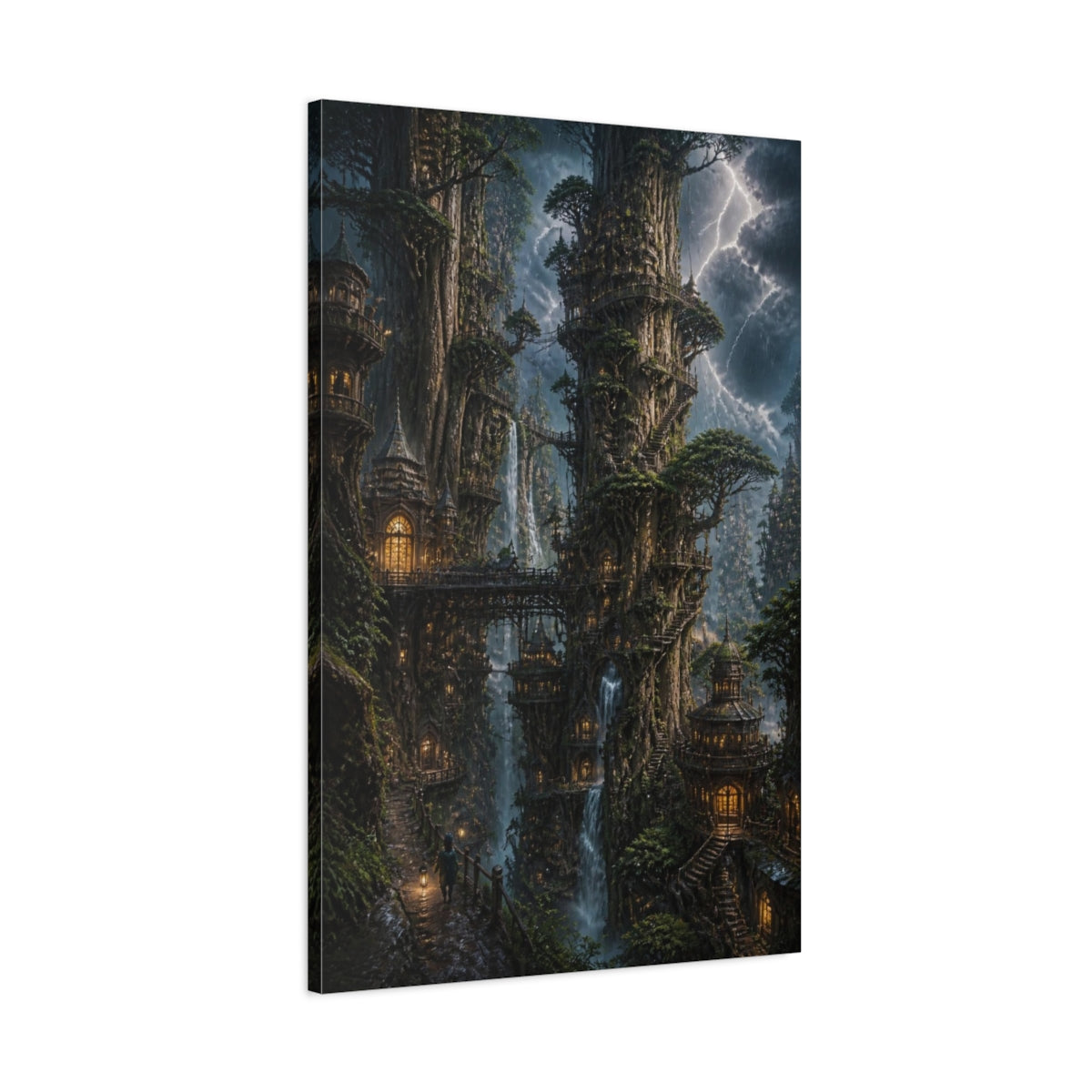 Main Mockup. Stormlit Tree City Towers shown as canvas print