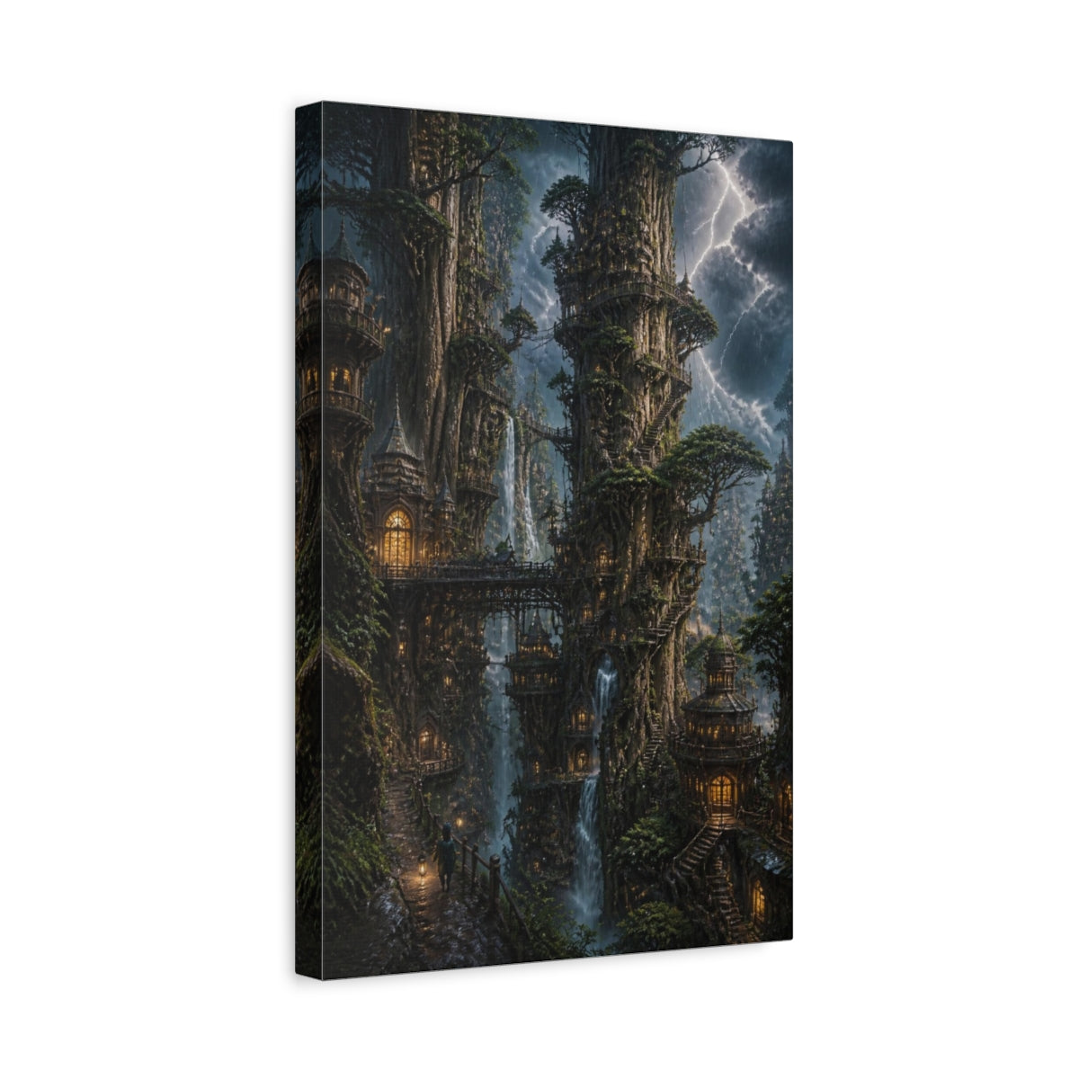 Side Mockup 4. Stormlit Tree City Towers shown as canvas print