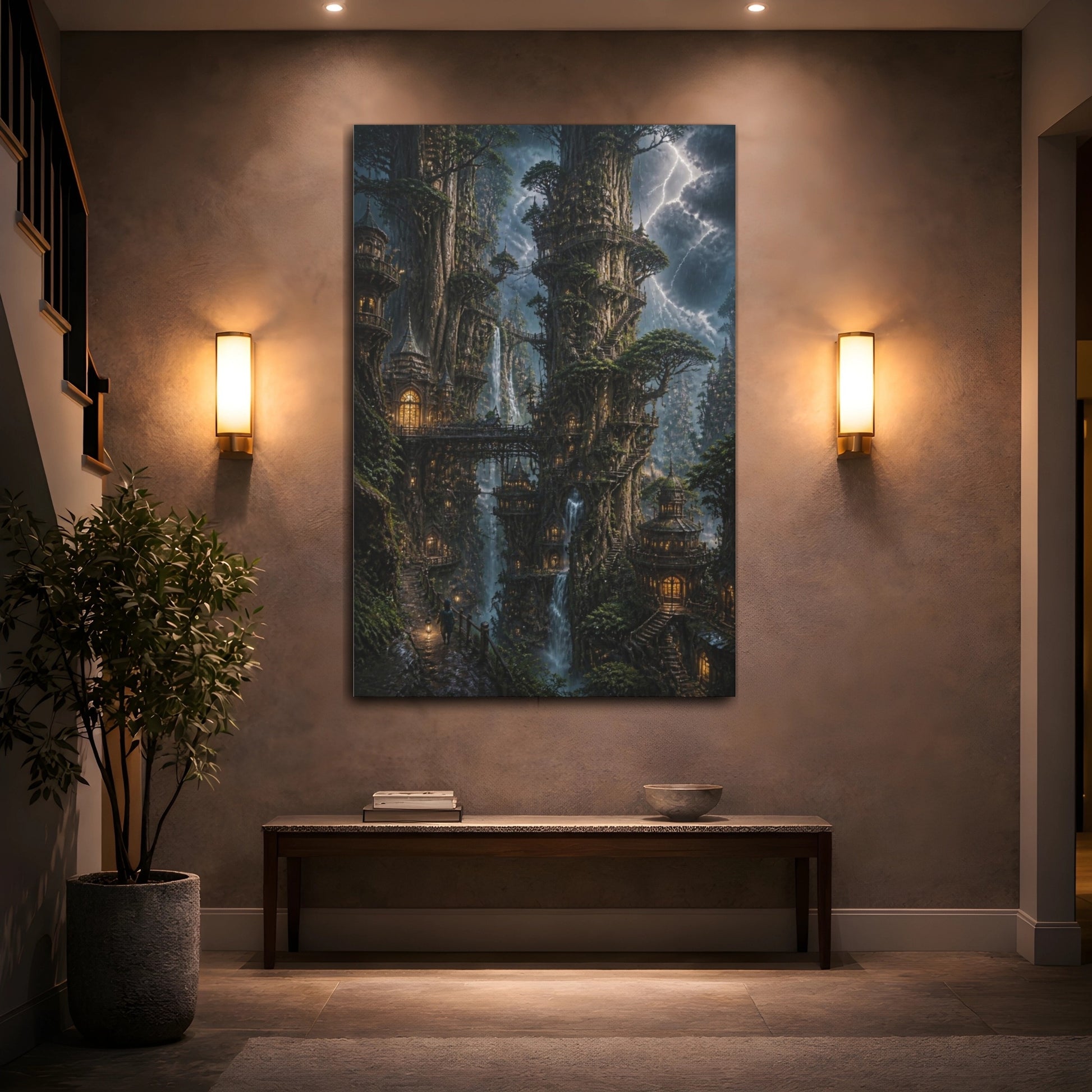 Mockup 2. Stormlit Tree City Towers shown as canvas print