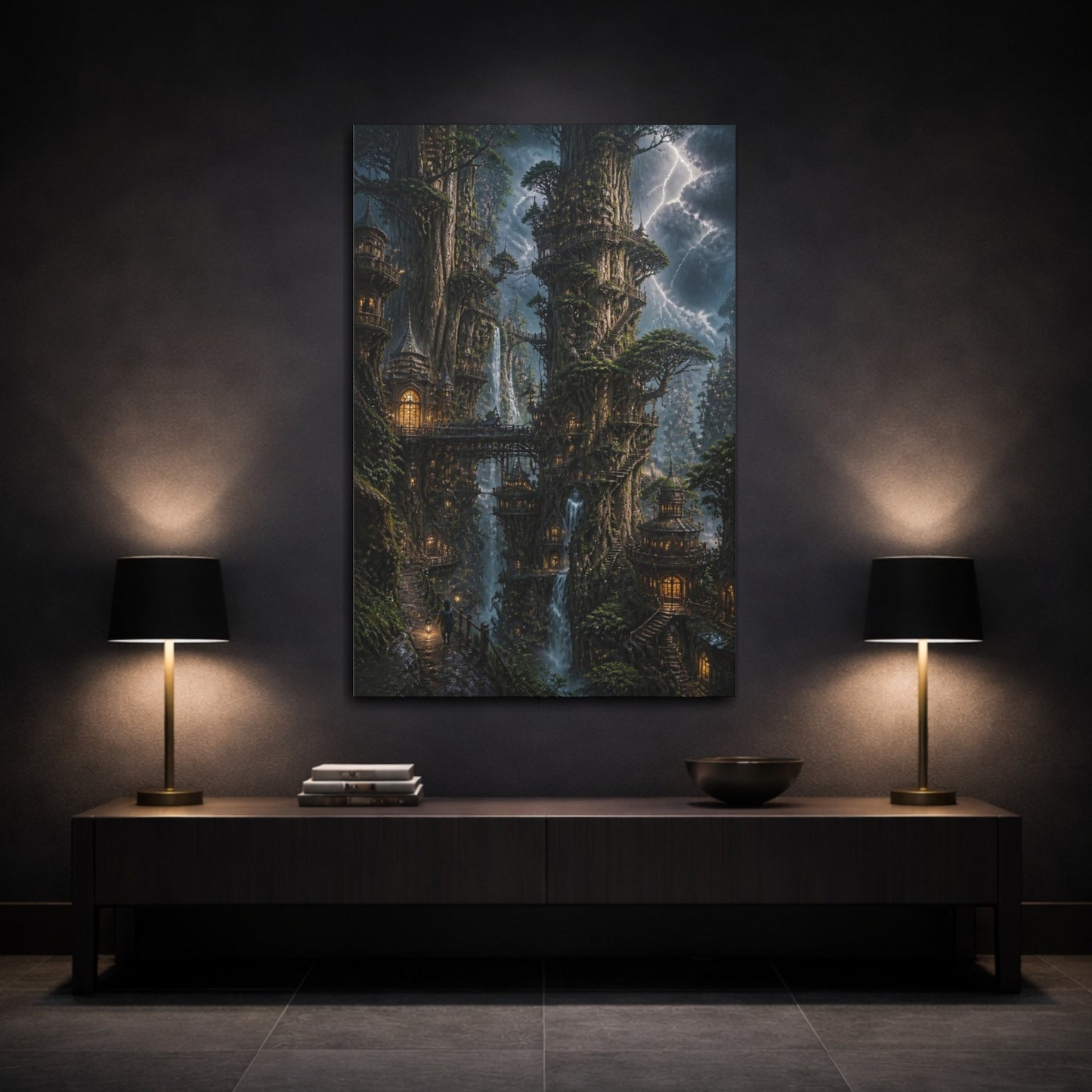 Mockup 3. Stormlit Tree City Towers shown as canvas print