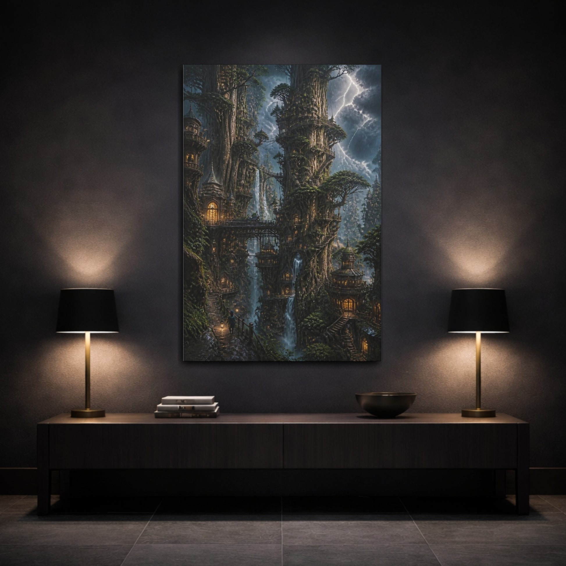 Mockup 3. Stormlit Tree City Towers shown as canvas print