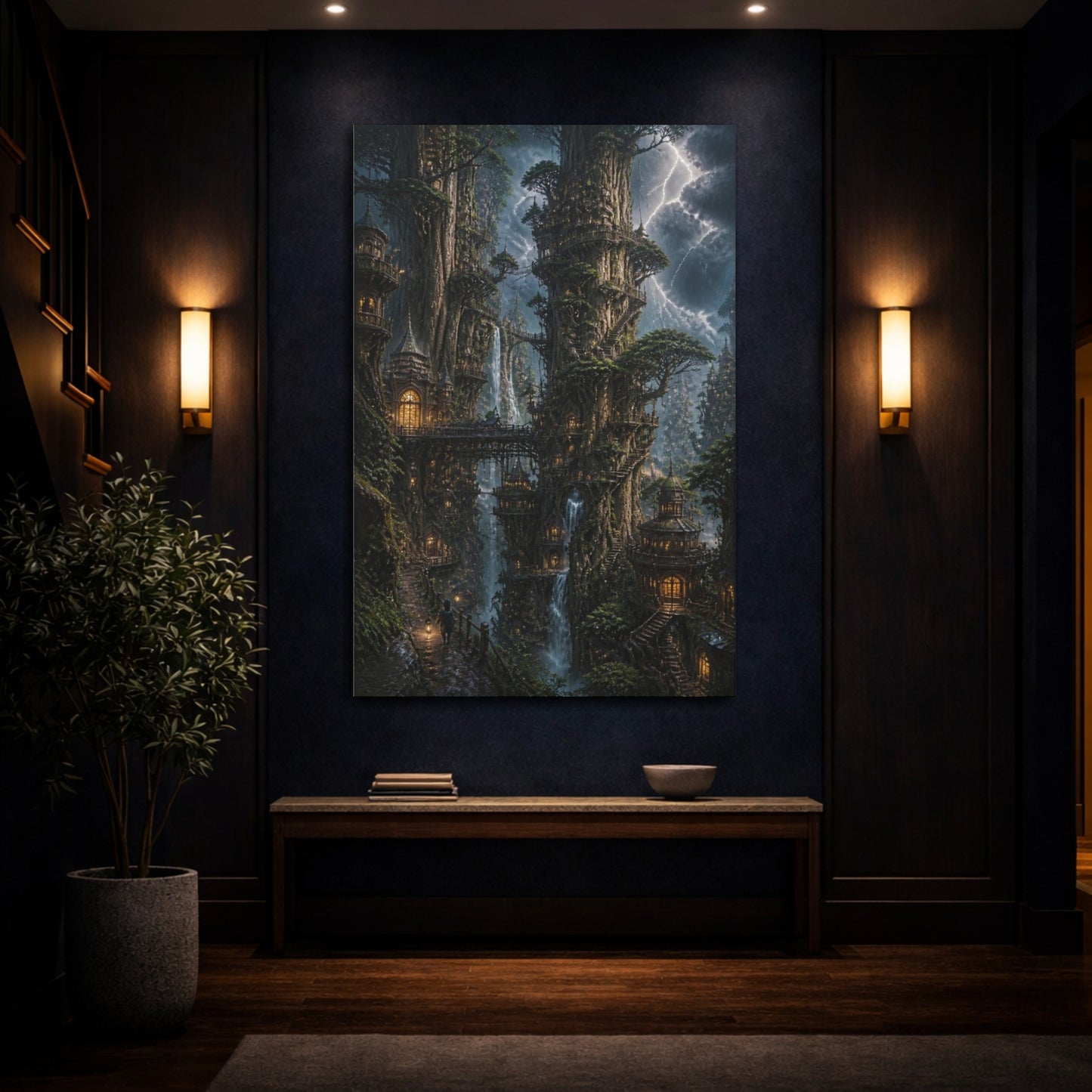 Mockup 4. Stormlit Tree City Towers shown as canvas print