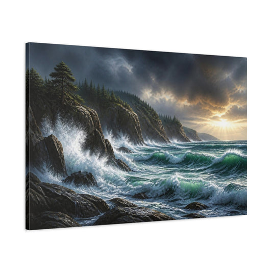 Main Mockup. Stormy Coastal Cliffs shown as canvas print