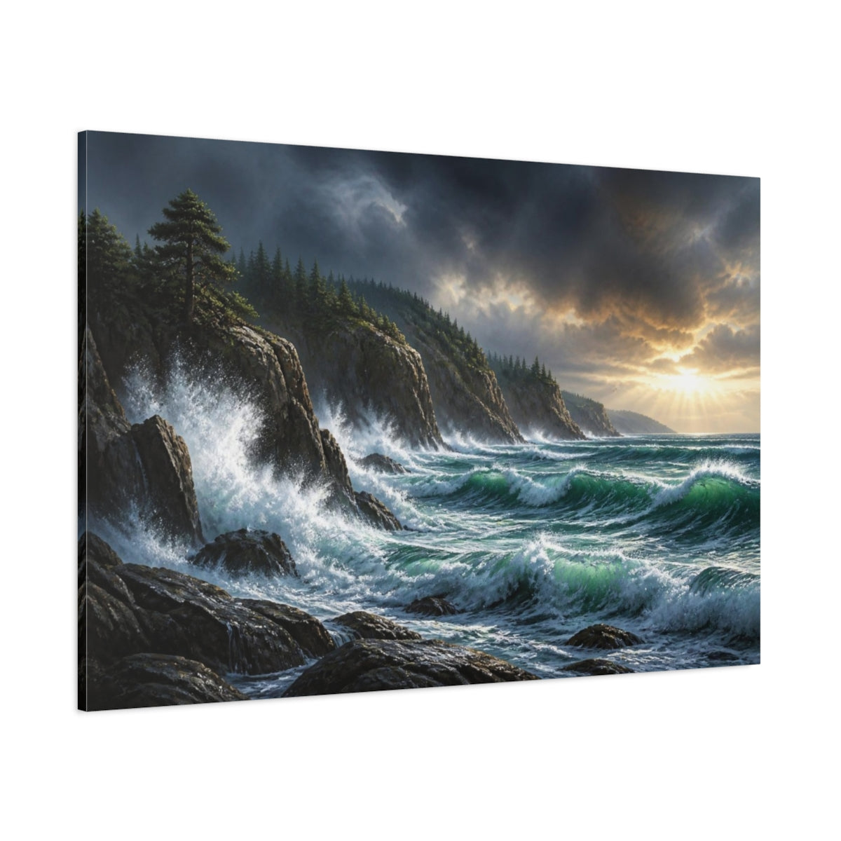 Side Mockup 1. Stormy Coastal Cliffs shown as canvas print