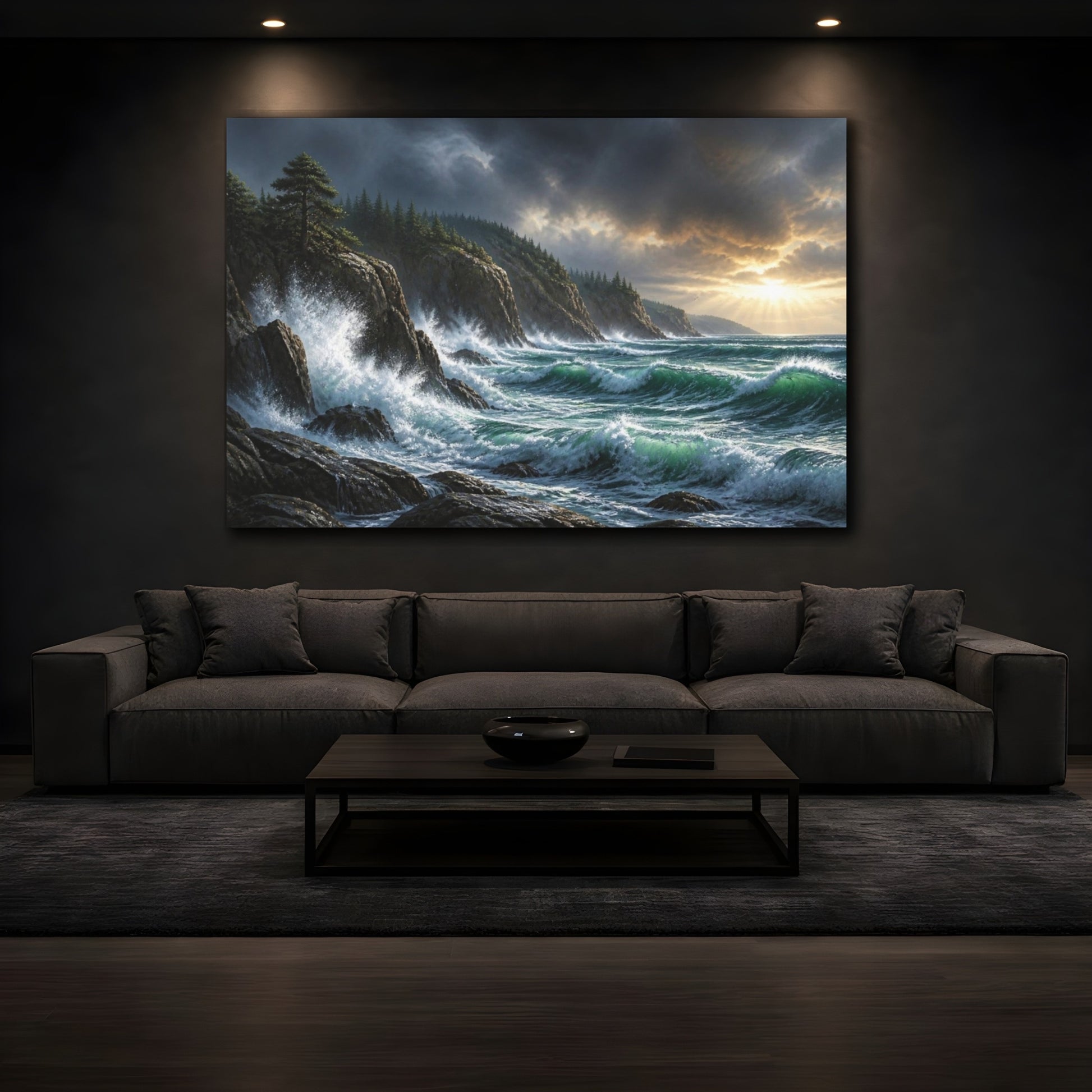 Mockup 3. Stormy Coastal Cliffs shown as canvas print