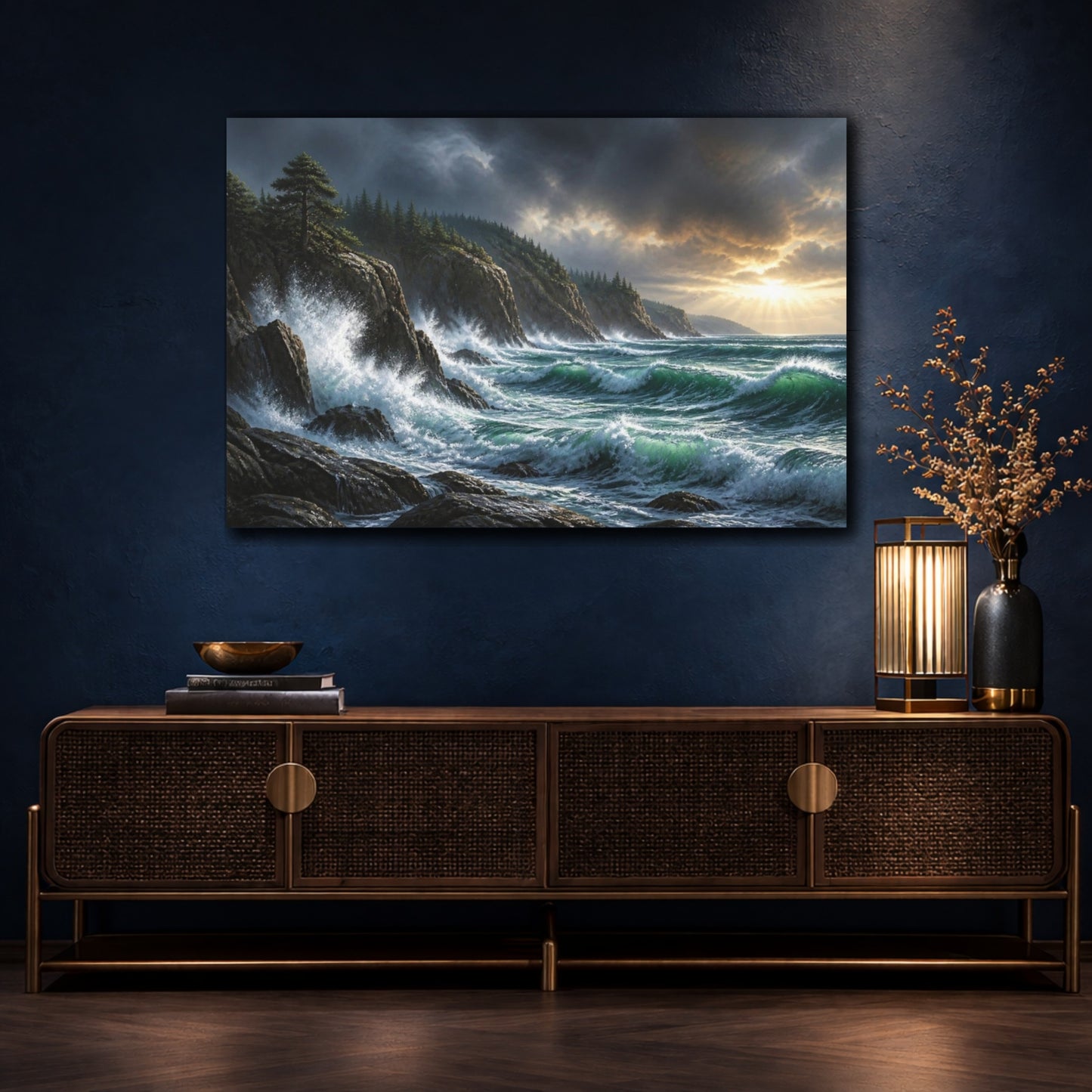 Mockup 4. Stormy Coastal Cliffs shown as canvas print