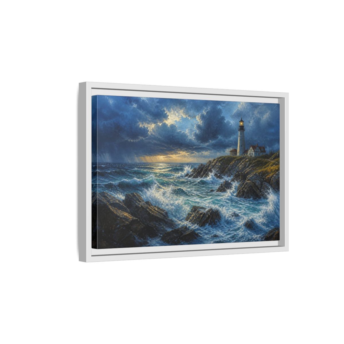 Side Mockup 4. Stormy Lighthouse Landscape shown as framed canvas print