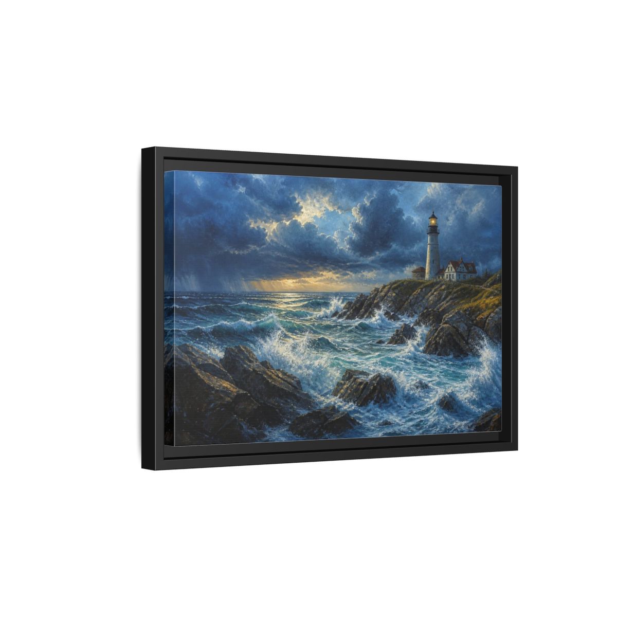 Side Mockup 6. Stormy Lighthouse Landscape shown as framed canvas print