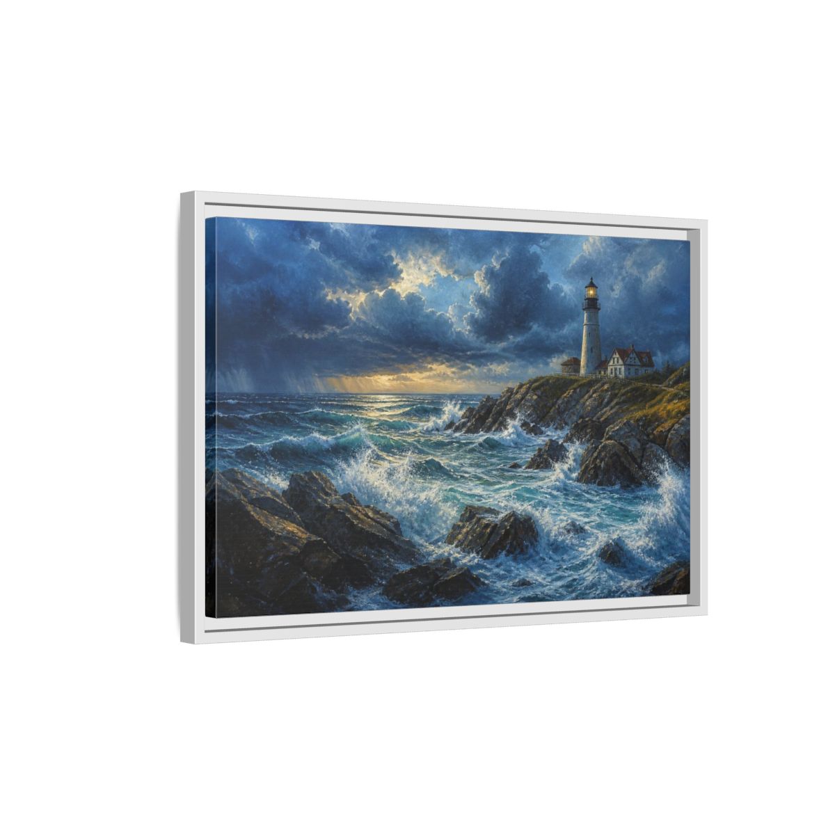 Side Mockup 1. Stormy Lighthouse Landscape shown as framed canvas print