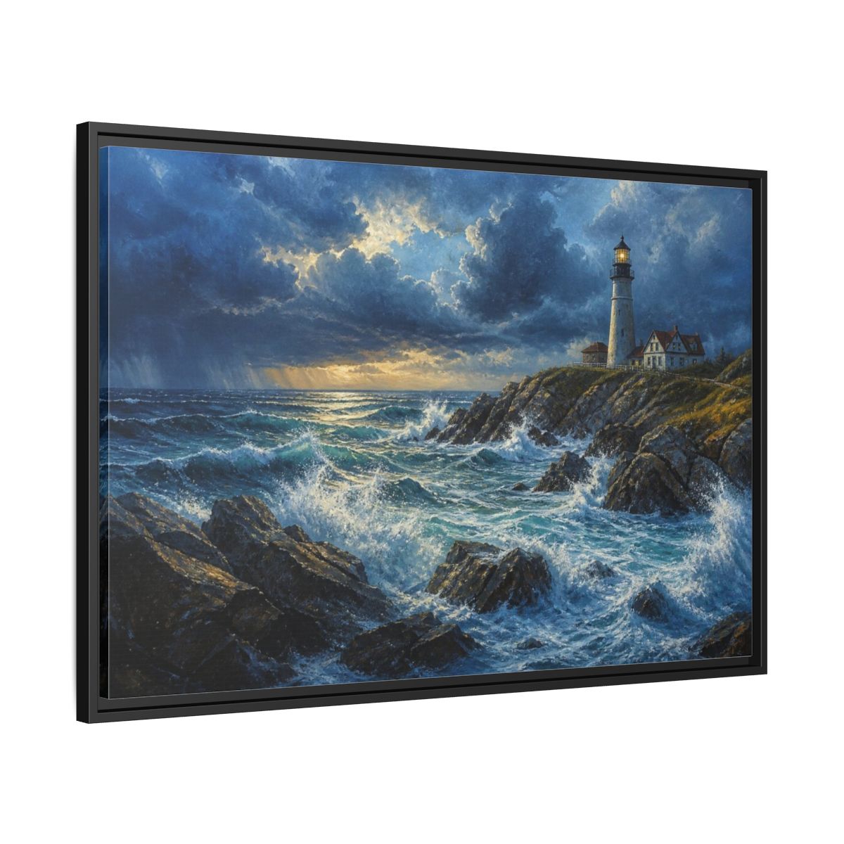 Side Mockup 13. Stormy Lighthouse Landscape shown as framed canvas print
