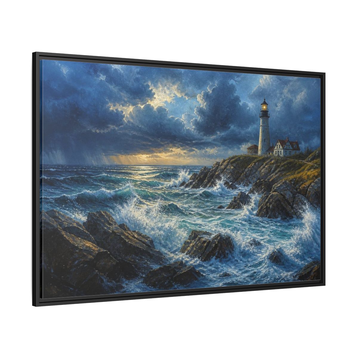 Side Mockup 12. Stormy Lighthouse Landscape shown as framed canvas print