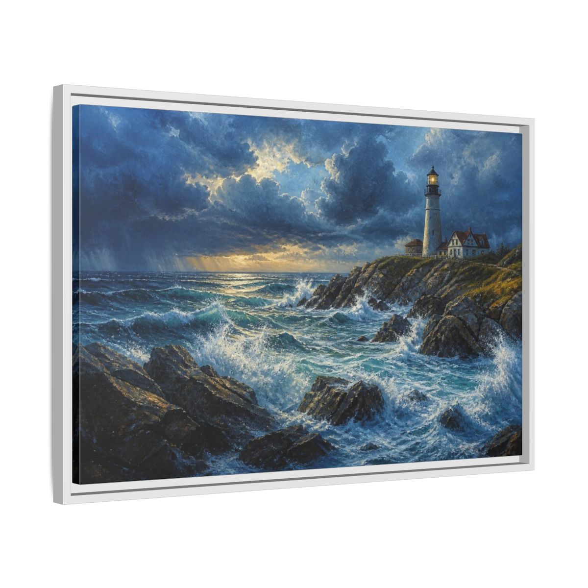 Side Mockup 10. Stormy Lighthouse Landscape shown as framed canvas print
