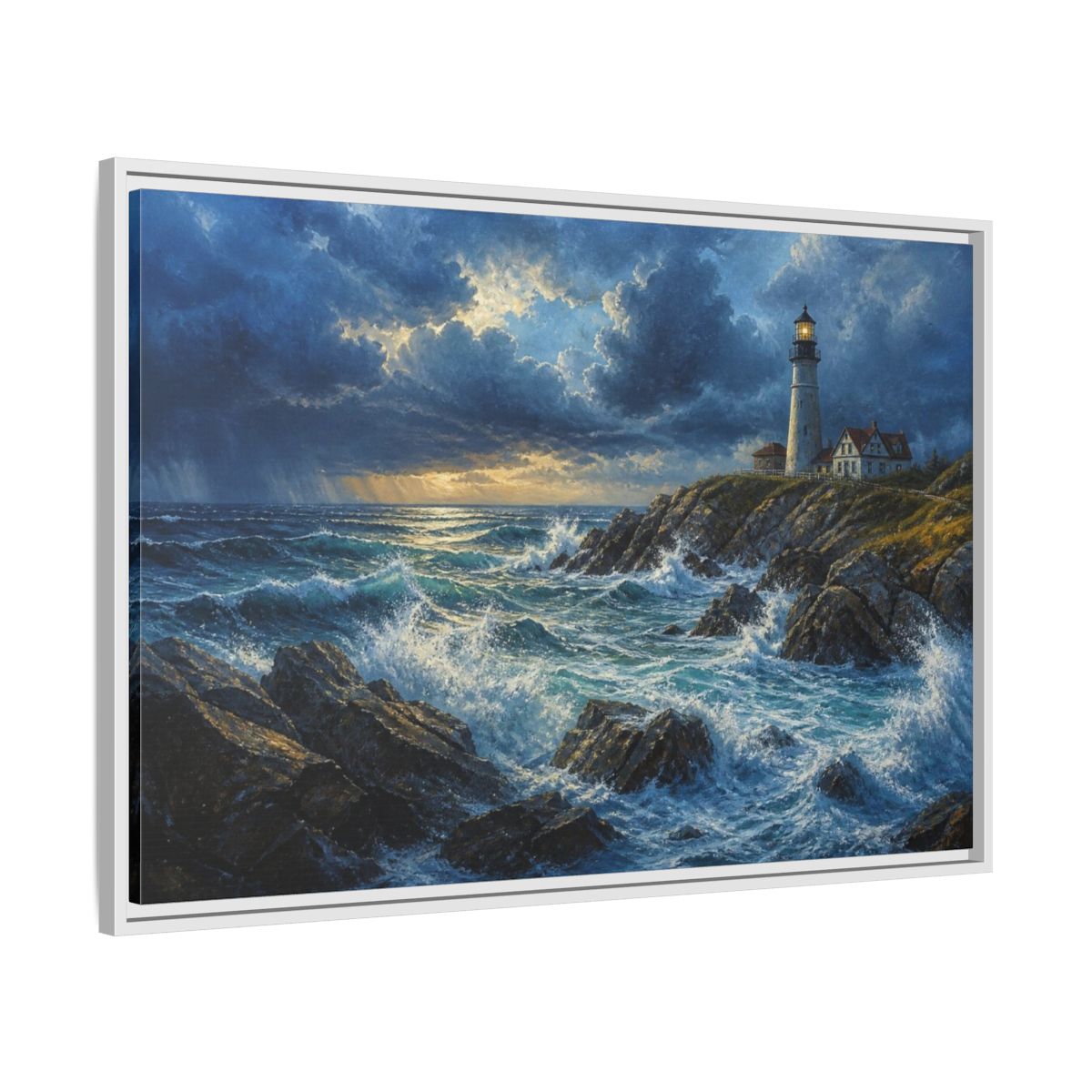 Side Mockup 9. Stormy Lighthouse Landscape shown as framed canvas print